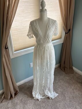 White Lace Maxi Romper Dress with V-Neck
